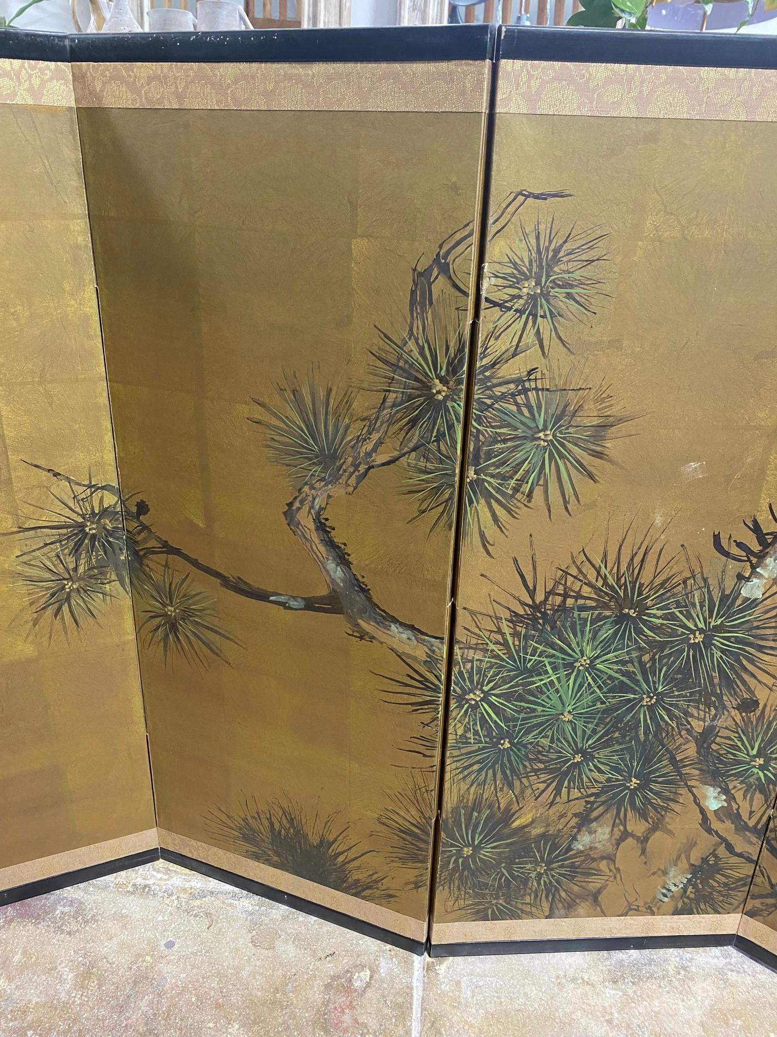 20th Century Japanese Asian Signed Four-Panel Folding Byobu Showa Nature Pine Tree Screen