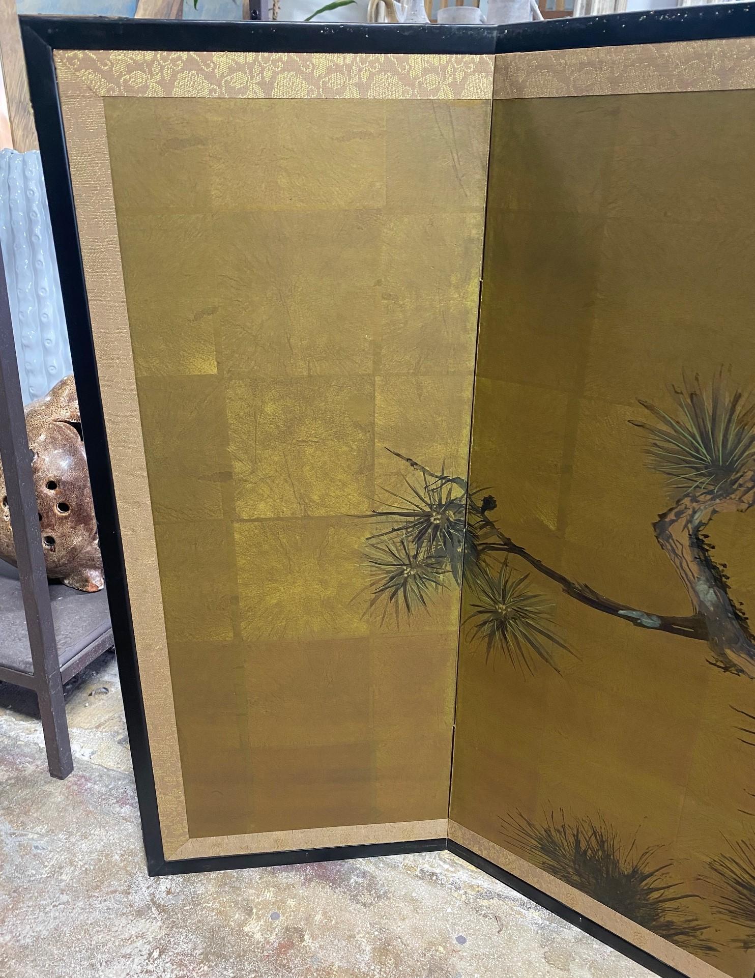 Gold Leaf Japanese Asian Signed Four-Panel Folding Byobu Showa Nature Pine Tree Screen