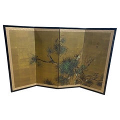 Japanese Asian Signed Four-Panel Folding Byobu Showa Nature Pine Tree Screen