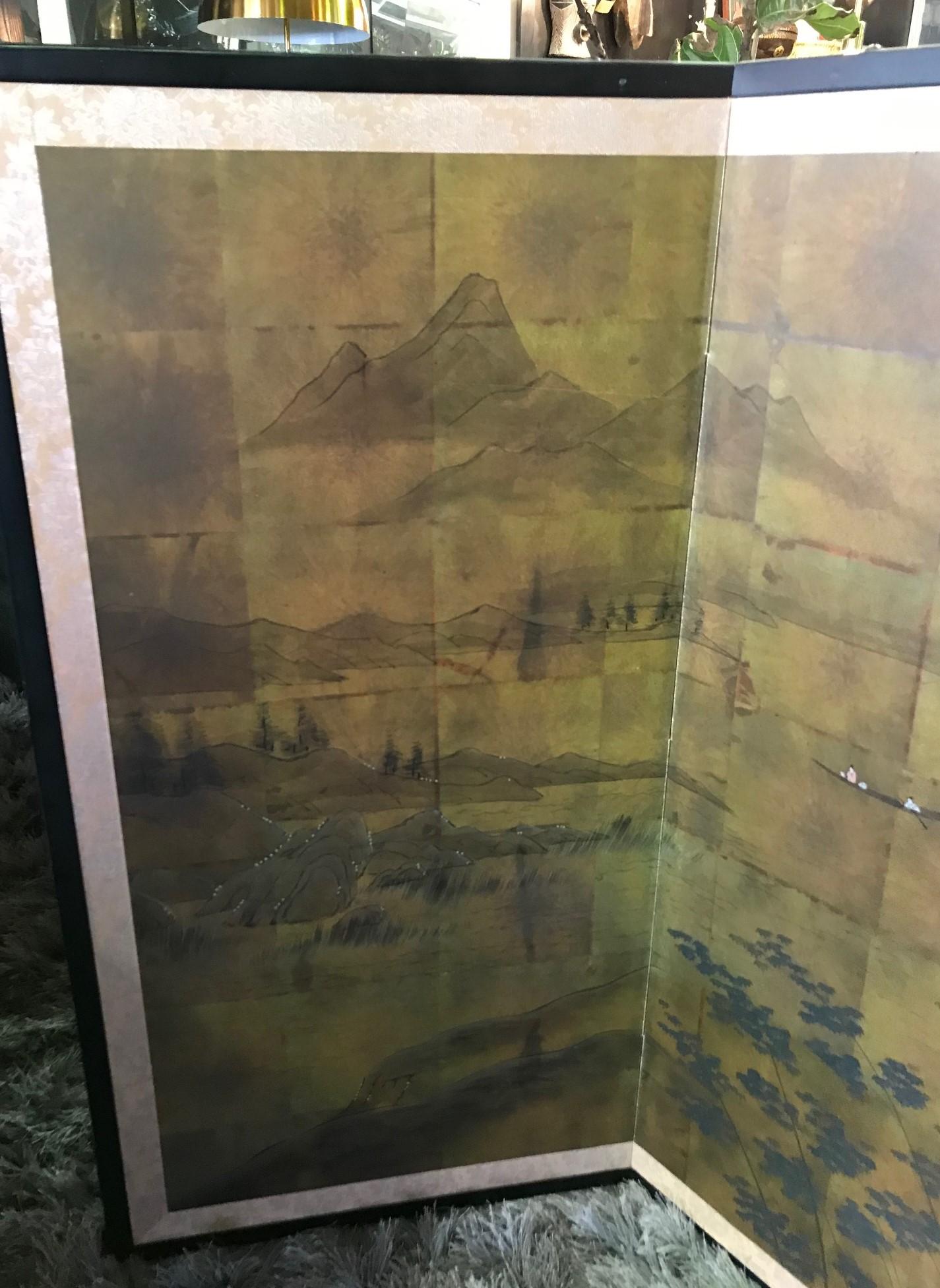 20th Century Japanese Asian Signed Four-Panel Folding Byobu Showa Period Landscape Screen
