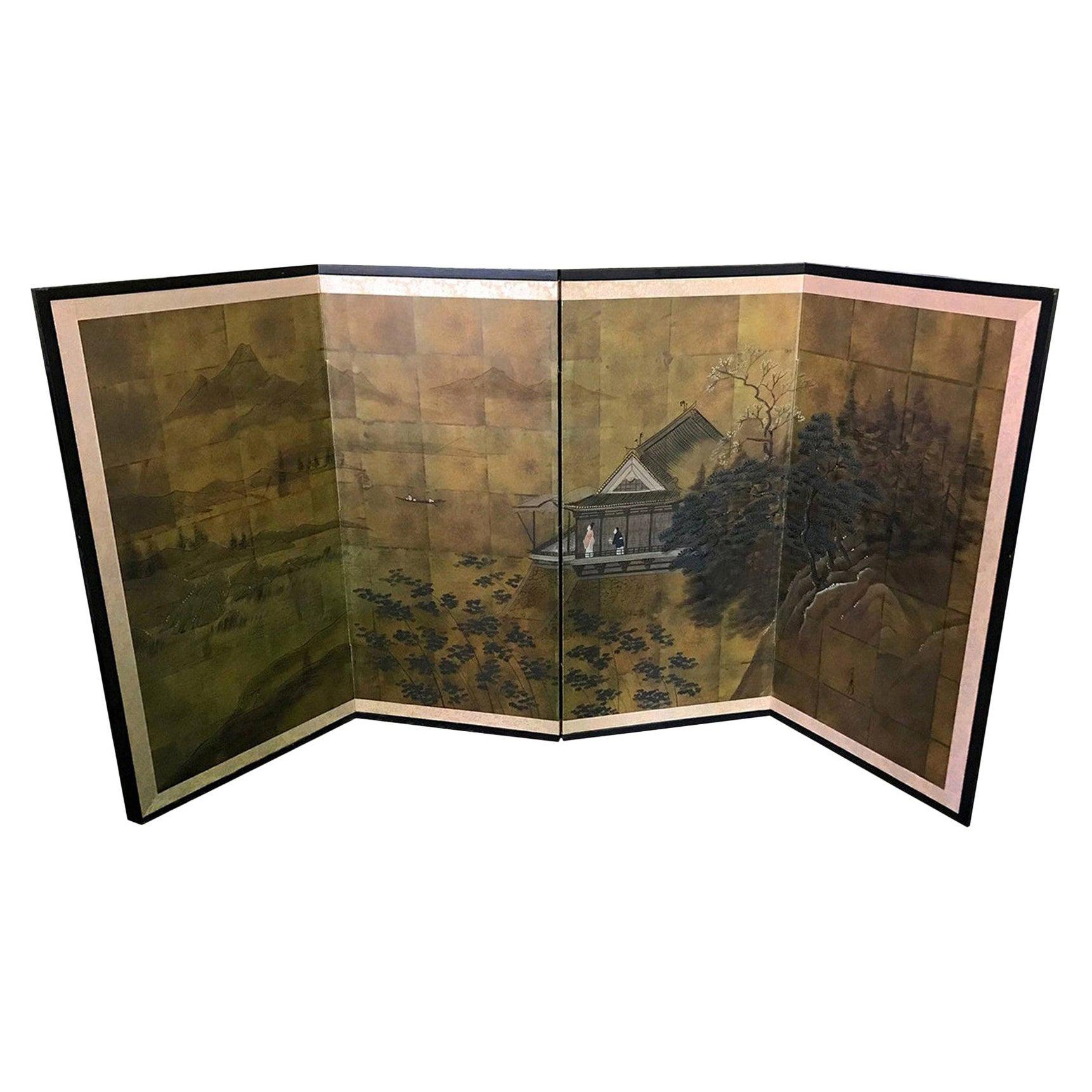 Japanese Asian Signed Four-Panel Folding Byobu Showa Period Landscape Screen