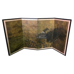 Japanese Asian Signed Four-Panel Folding Byobu Showa Period Landscape Screen
