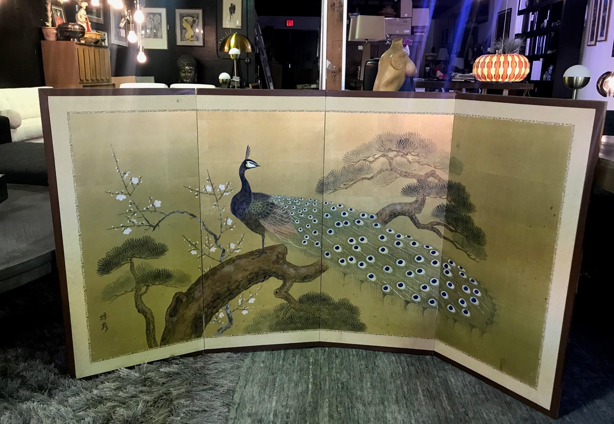 Japanese Asian Signed Four-Panel Folding Byobu Showa Period Peacock Screen 3
