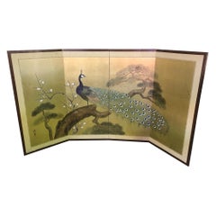 Vintage Japanese Asian Signed Four-Panel Folding Byobu Showa Period Peacock Screen