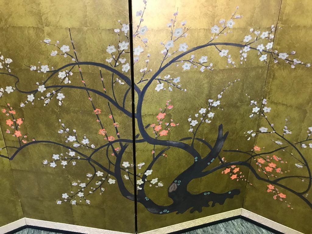 A truly stunning four panel Japanese Byobu folding screen depicting a tree in a state of bloom with beautifully arrayed flowers. The rich colors, gold leaf and beautiful hand painted detail really make this an attractive and unique work.