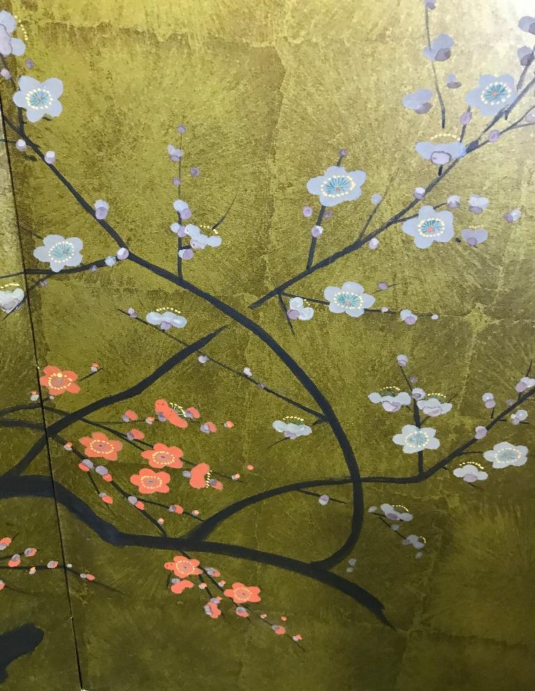 Hand-Painted Japanese Asian Signed Four-Panel Folding Byobu Showa Screen Blooming Tree