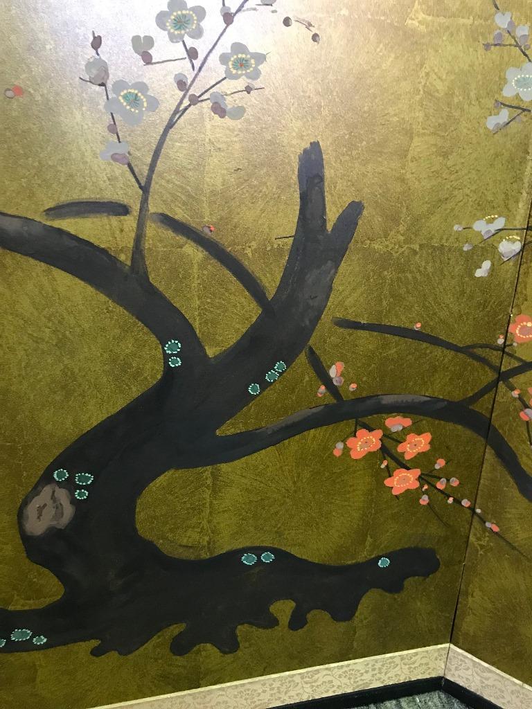 Japanese Asian Signed Four-Panel Folding Byobu Showa Screen Blooming Tree In Good Condition In Studio City, CA