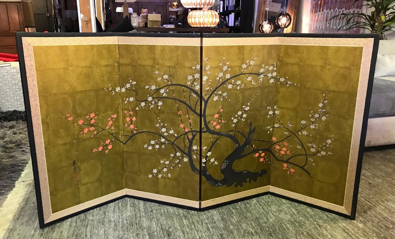 Japanese Asian Signed Four-Panel Folding Byobu Showa Screen Blooming Tree 2