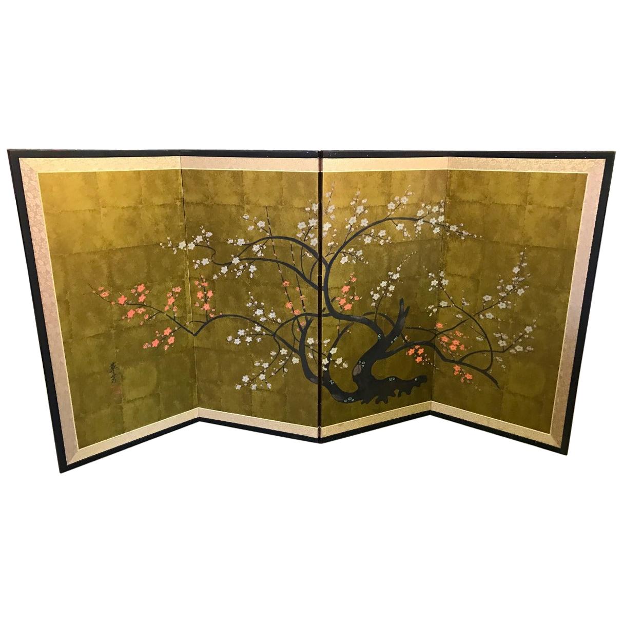 Japanese Asian Signed Four-Panel Folding Byobu Showa Screen Blooming Tree