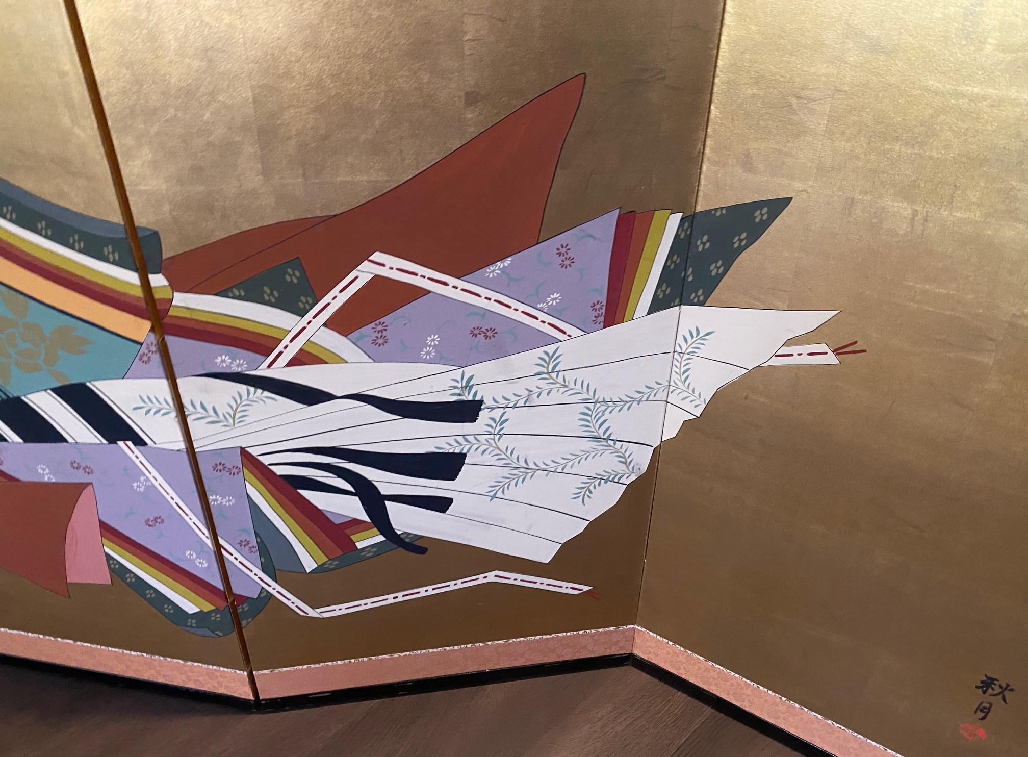 Japanese Asian Signed Four-Panel Folding Byobu Showa Screen Lady Murasaki Genji For Sale 4