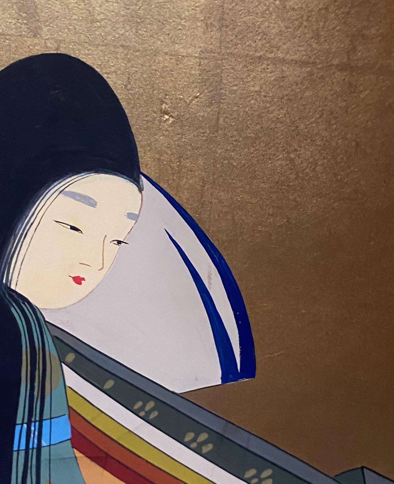 Japanese Asian Signed Four-Panel Folding Byobu Showa Screen Lady Murasaki Genji For Sale 8
