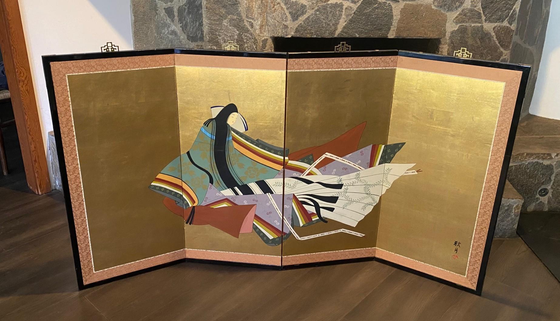 A gorgeous and quite striking four-panel Japanese Byobu folding screen featuring an elegantly clad Lady Murasaki, the Japanese novelist, (and famed author of the classic 