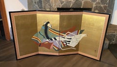 Japanese Asian Signed Four-Panel Folding Byobu Showa Genji Screen Lady Murasaki