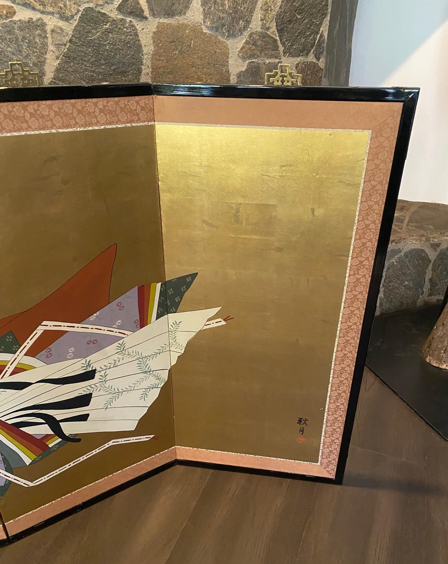 Hand-Crafted Japanese Asian Signed Four-Panel Folding Byobu Showa Screen Lady Murasaki Genji For Sale