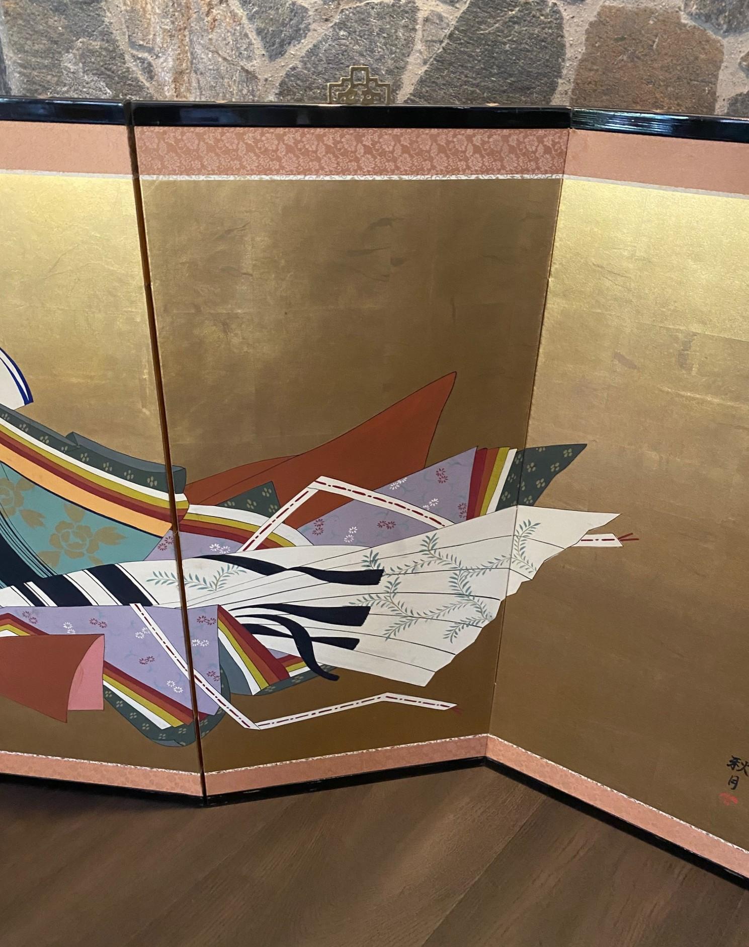 Japanese Asian Signed Four-Panel Folding Byobu Showa Screen Lady Murasaki Genji In Good Condition For Sale In Studio City, CA