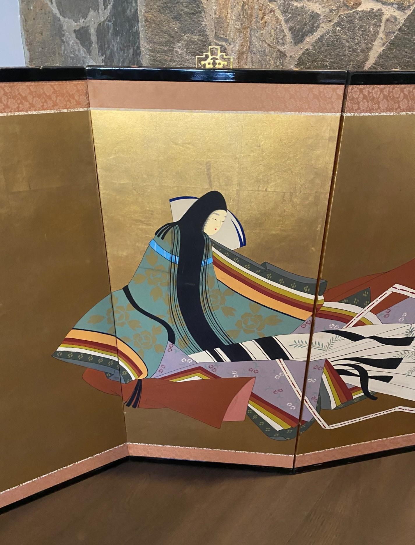 20th Century Japanese Asian Signed Four-Panel Folding Byobu Showa Screen Lady Murasaki Genji For Sale