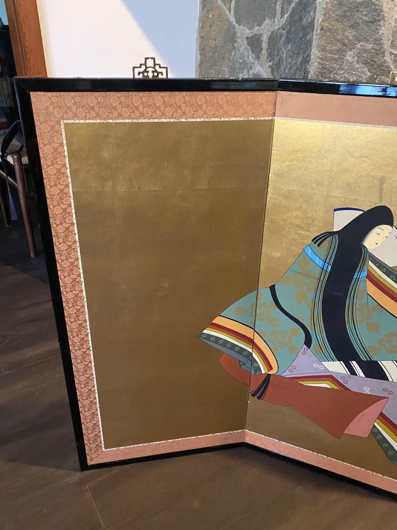 Gold Leaf Japanese Asian Signed Four-Panel Folding Byobu Showa Screen Lady Murasaki Genji For Sale