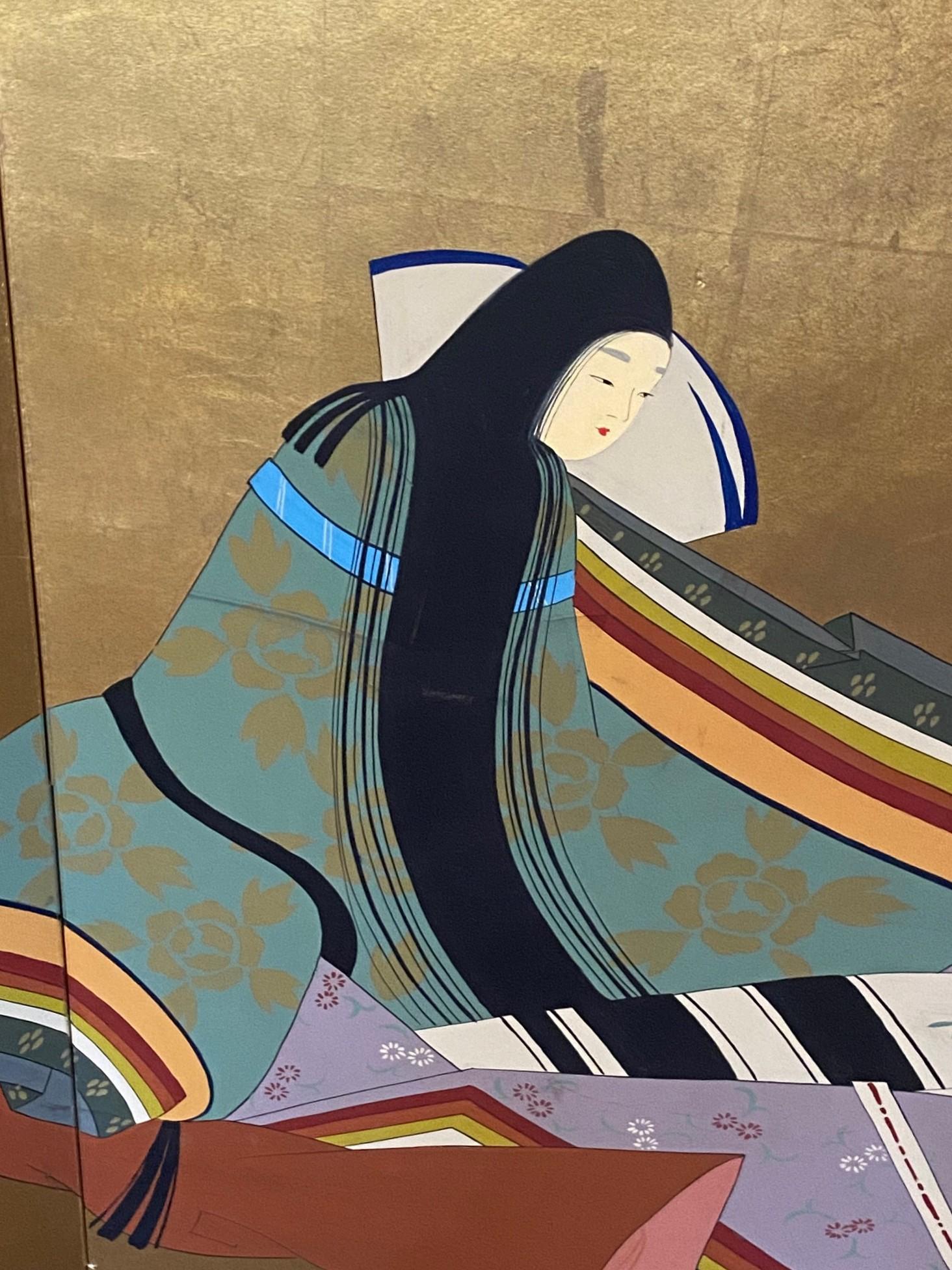 Japanese Asian Signed Four-Panel Folding Byobu Showa Screen Lady Murasaki Genji For Sale 1