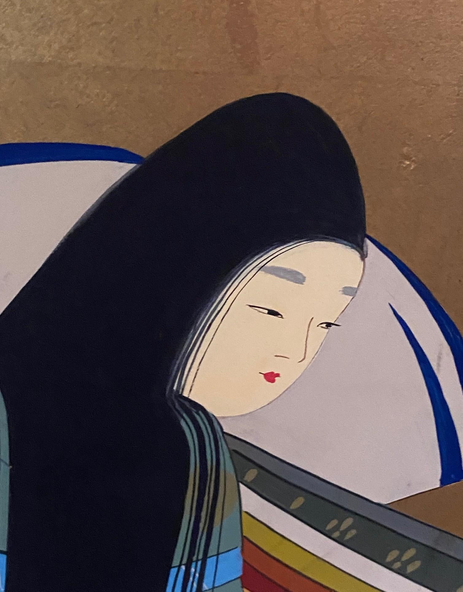 Japanese Asian Signed Four-Panel Folding Byobu Showa Screen Lady Murasaki Genji For Sale 2