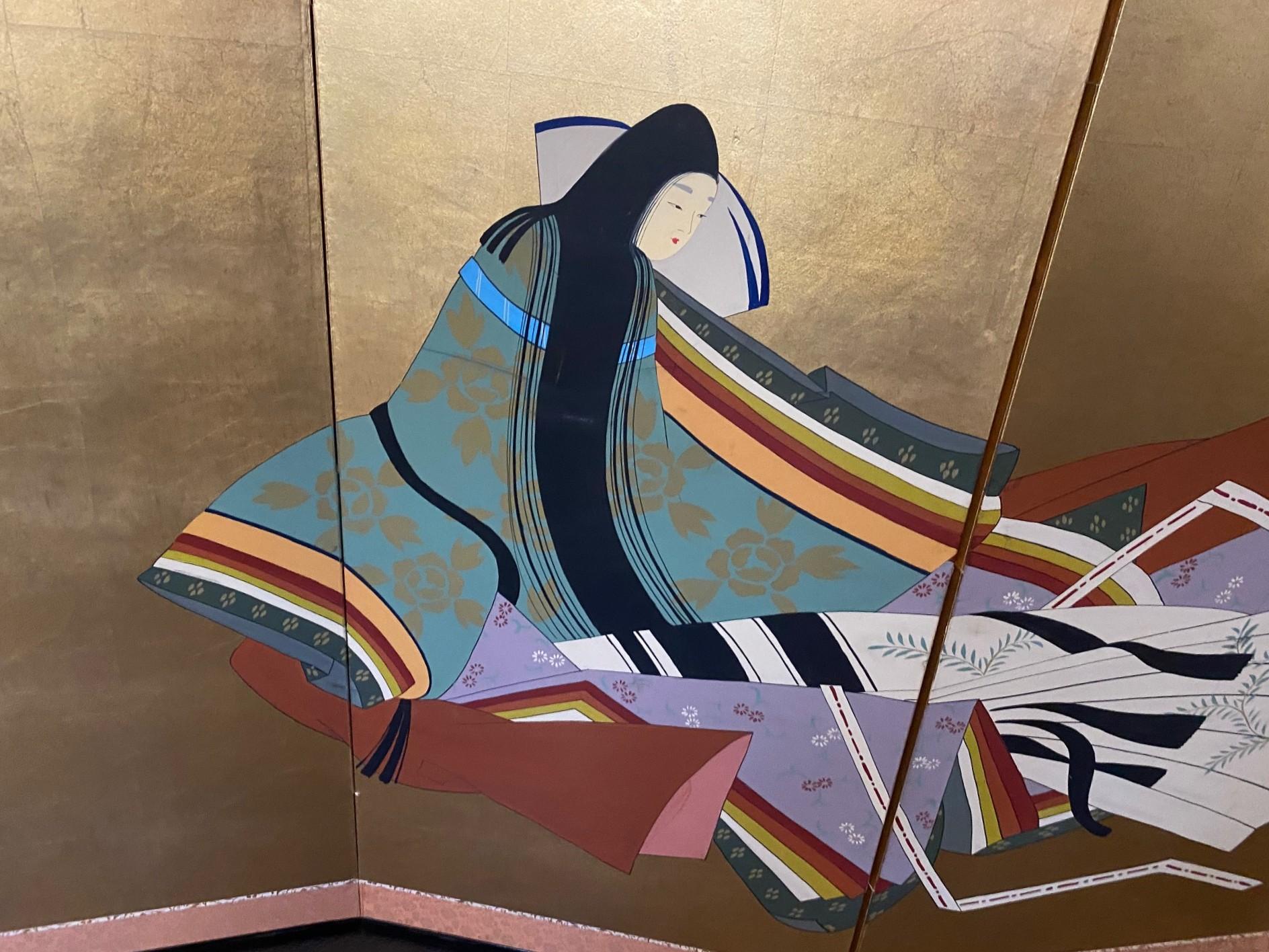 Japanese Asian Signed Four-Panel Folding Byobu Showa Screen Lady Murasaki Genji For Sale 3