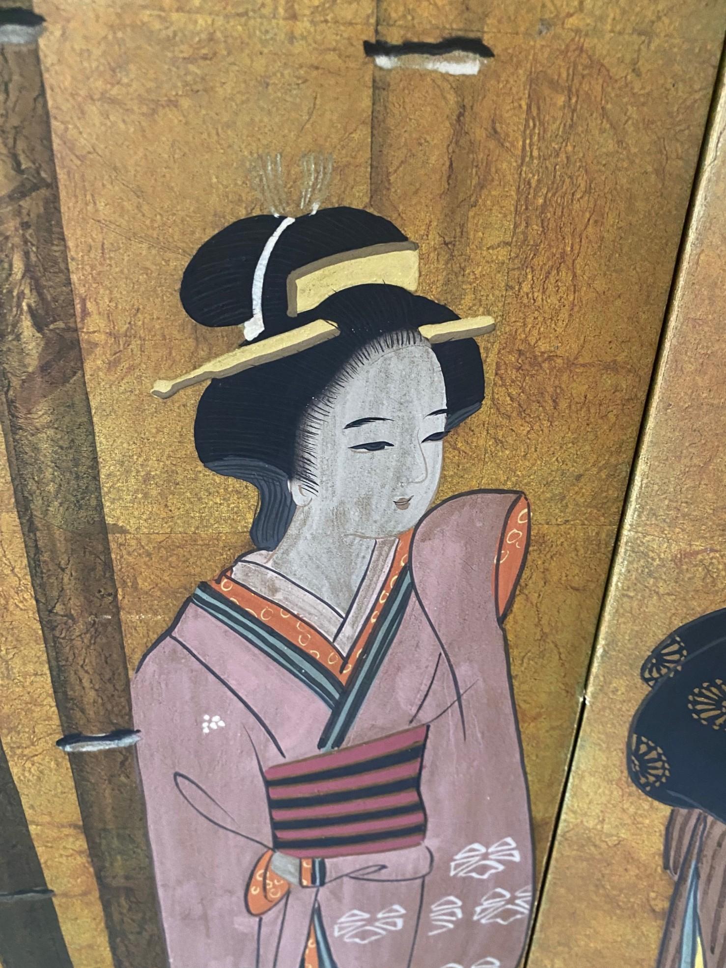 Japanese Asian Signed Four-Panel Folding Byobu Showa Screen of Performing Geisha in vendita 4