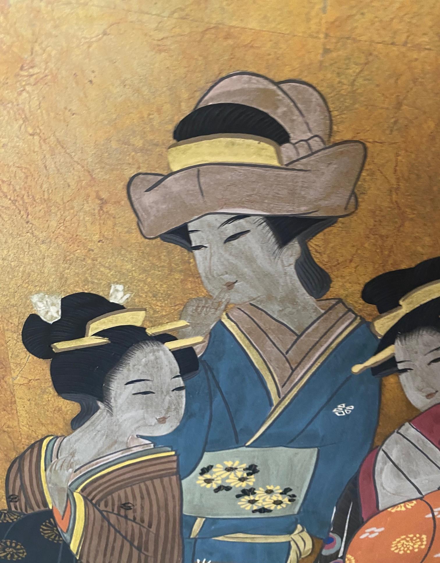 Japanese Asian Signed Four-Panel Folding Byobu Showa Screen of Performing Geisha in vendita 5