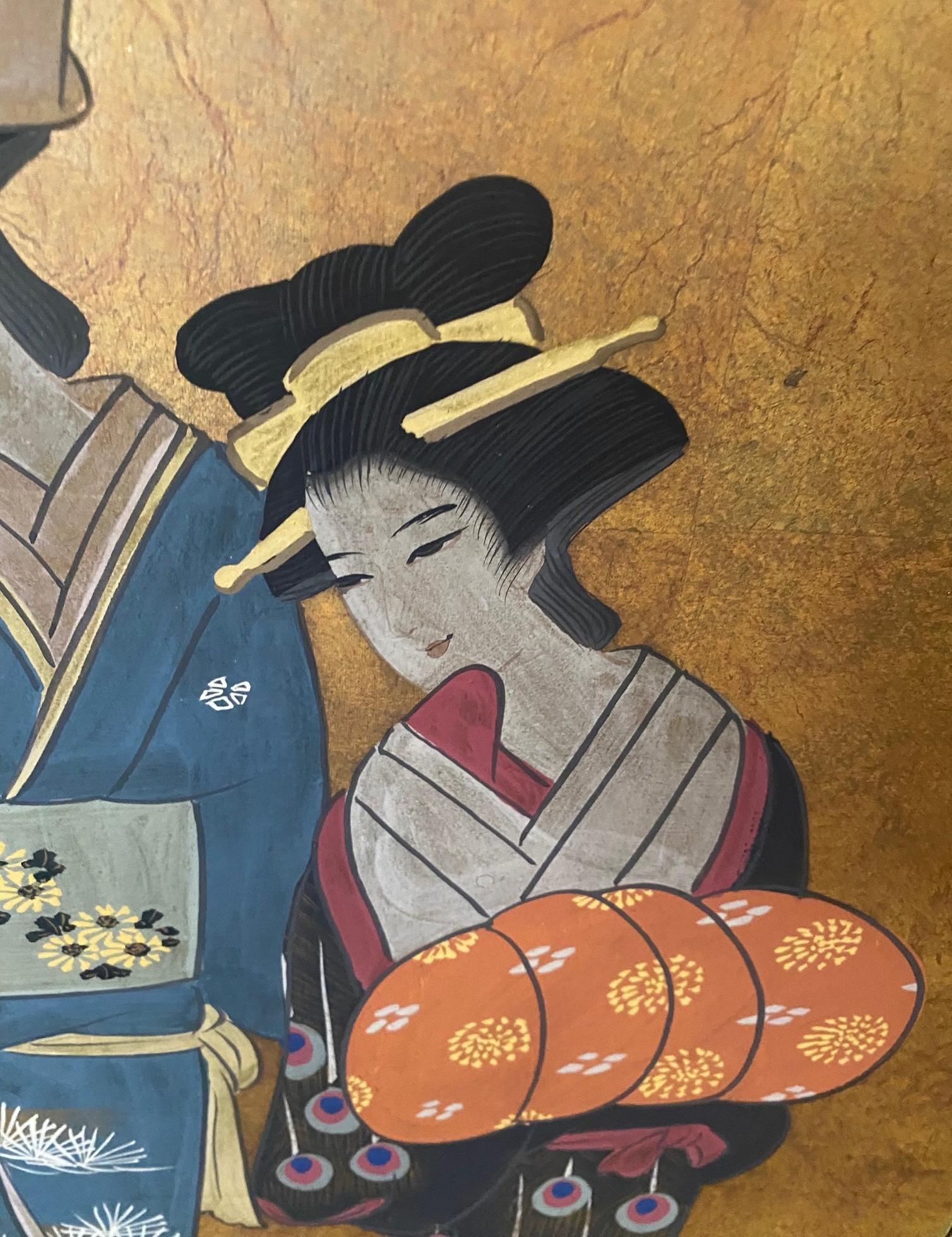 Japanese Asian Signed Four-Panel Folding Byobu Showa Screen of Performing Geisha in vendita 6