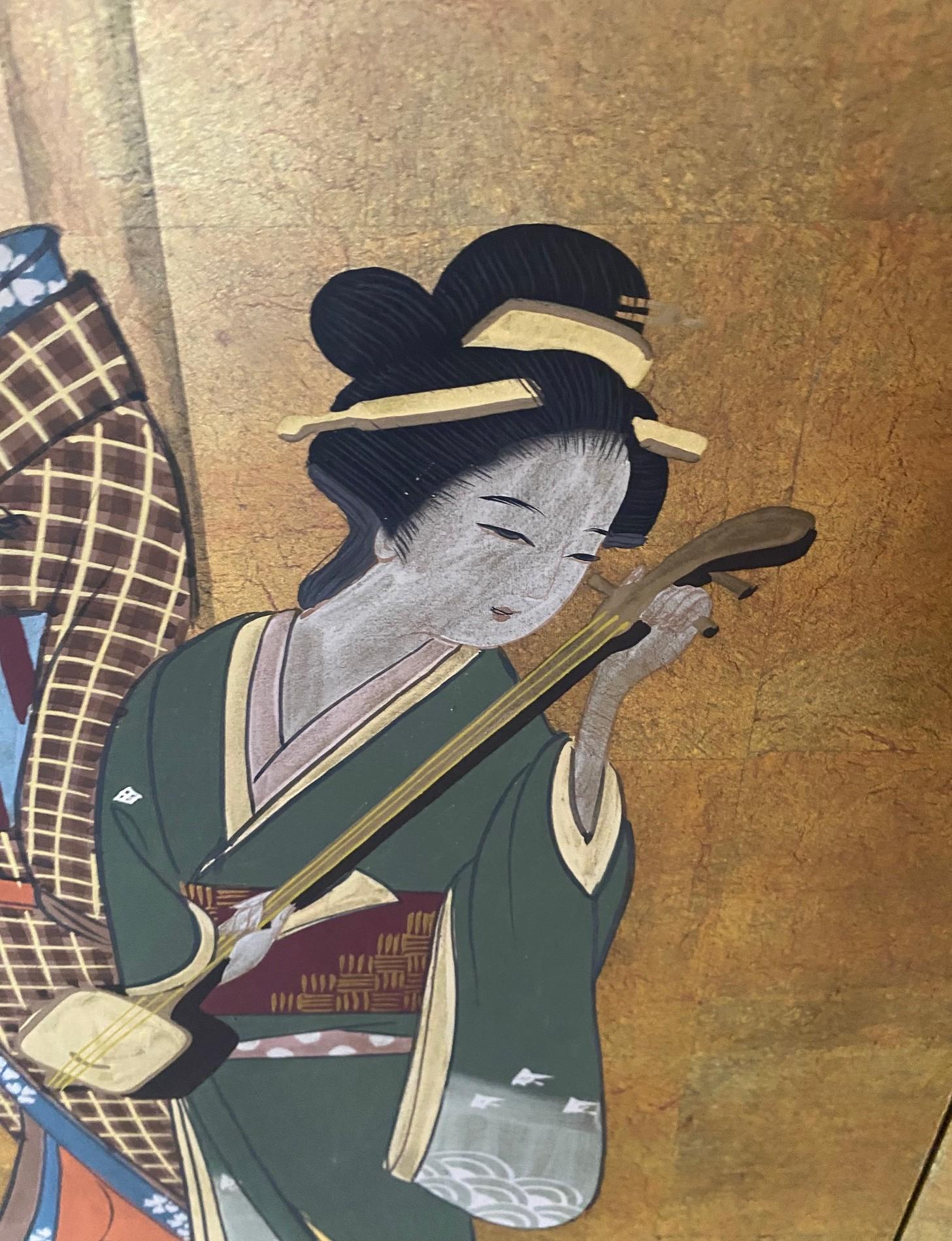Japanese Asian Signed Four-Panel Folding Byobu Showa Screen of Performing Geisha in vendita 7