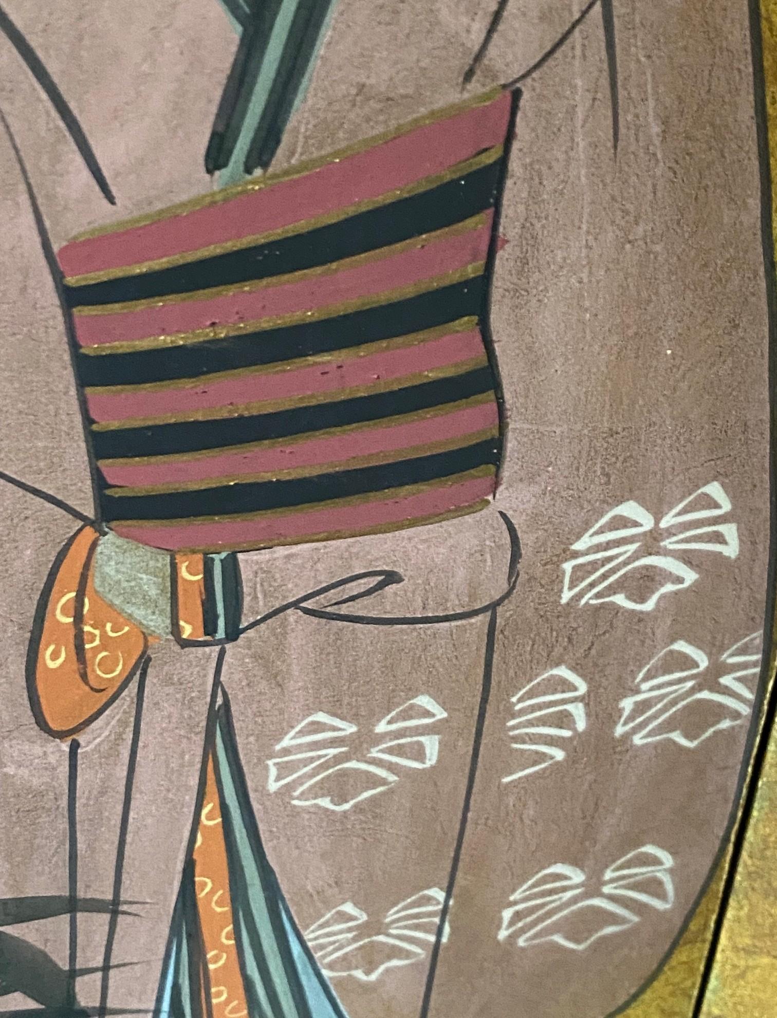 Japanese Asian Signed Four-Panel Folding Byobu Showa Screen of Performing Geisha in vendita 9