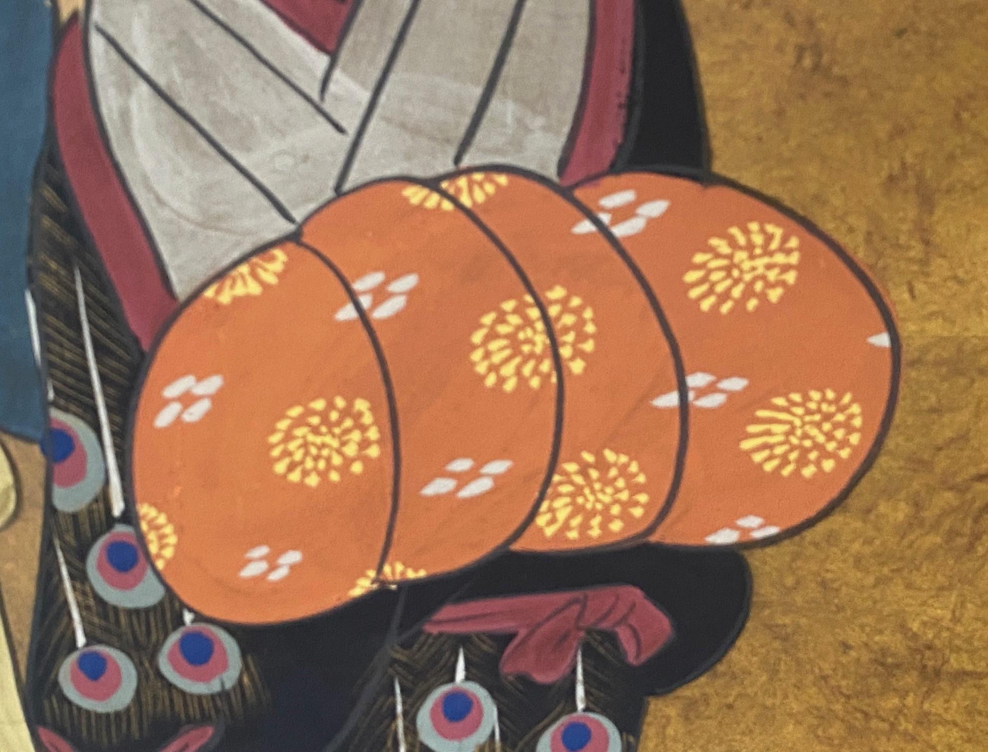 Japanese Asian Signed Four-Panel Folding Byobu Showa Screen of Performing Geisha in vendita 10