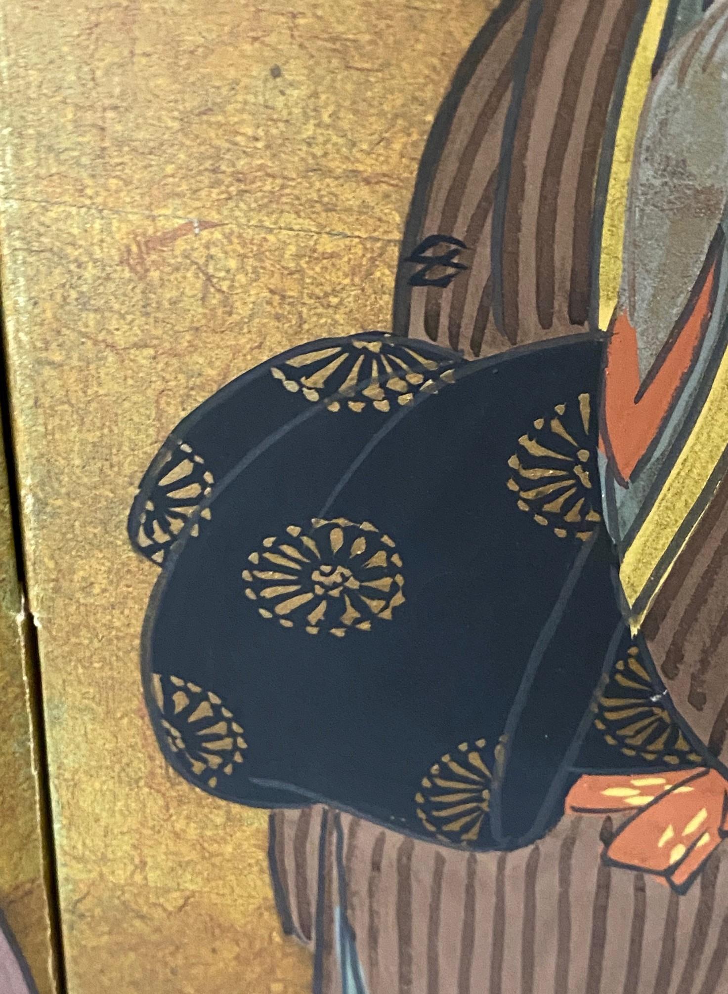 Japanese Asian Signed Four-Panel Folding Byobu Showa Screen of Performing Geisha in vendita 11