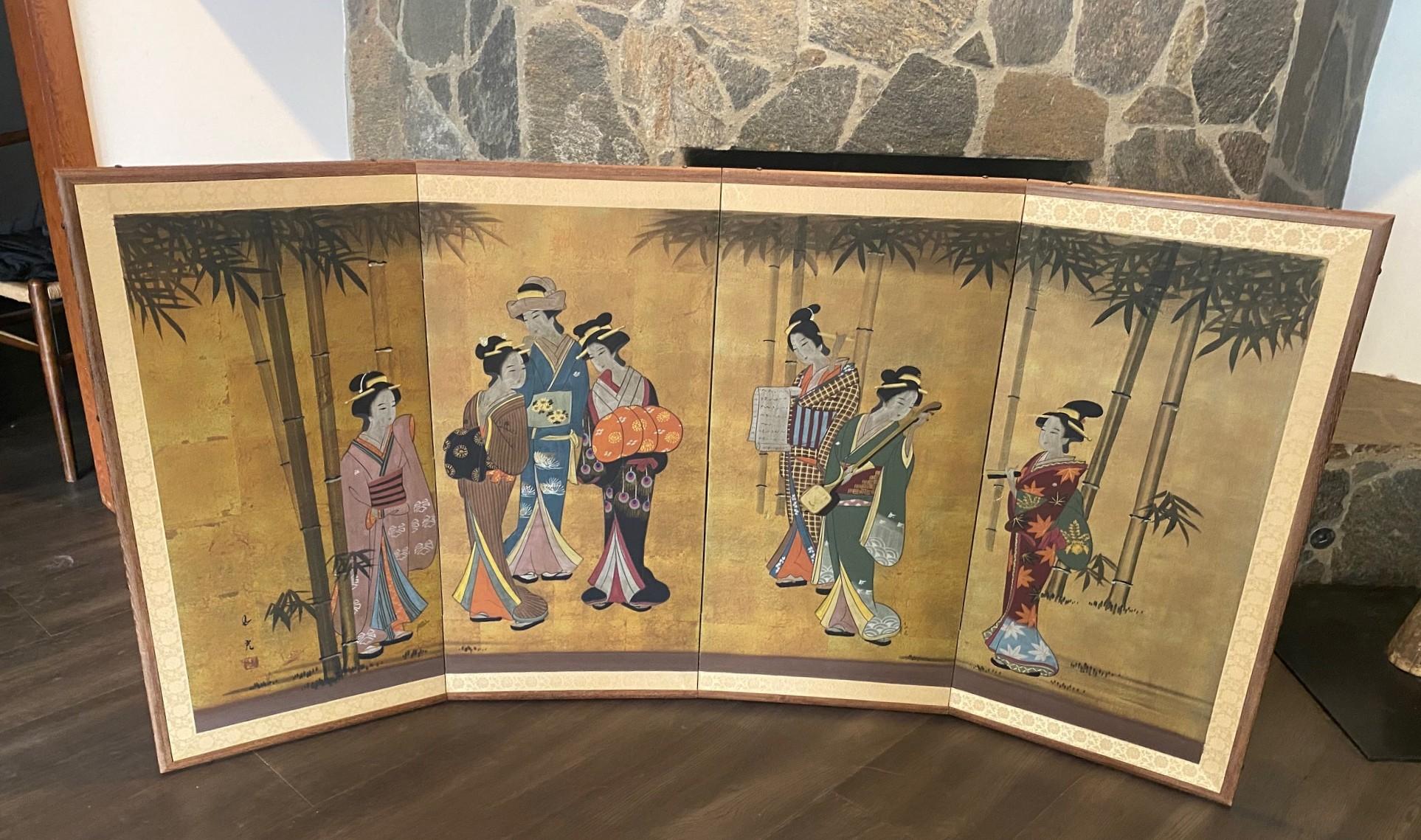 A gorgeous four-panel Japanese Byobu folding screen depicting a scene of  seven entertaining geisha women, perhaps in a bamboo garden of the Imperial court.  The vibrant, rich colors, gold leaf, and beautiful hand-painted detail of the characters