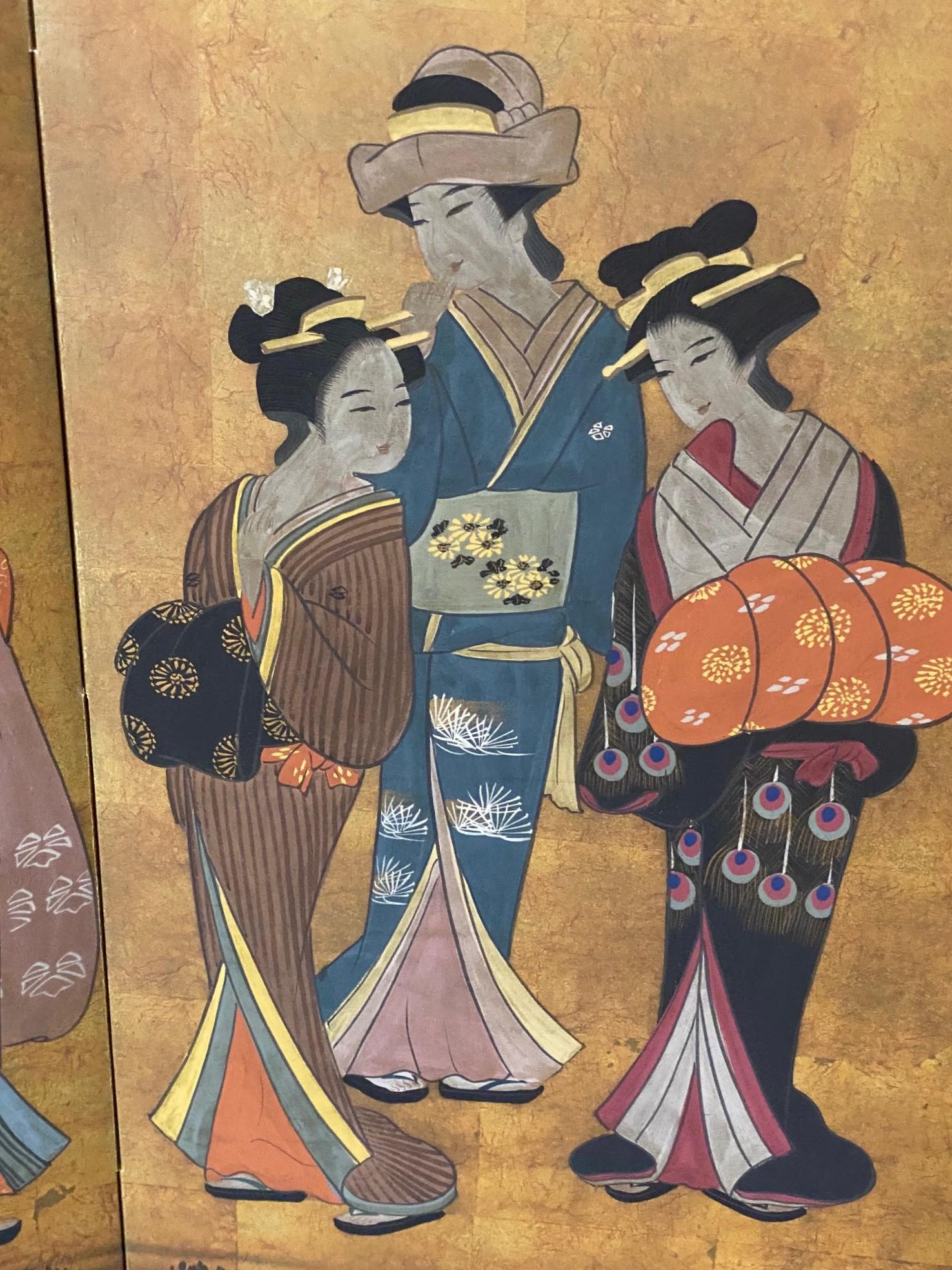Japanese Asian Signed Four-Panel Folding Byobu Showa Screen of Performing Geisha in vendita 1