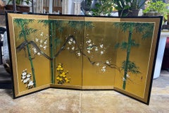 Japanese Asian Signed Four-Panel Folding Byobu Showa Screen Playful Yellow Bird