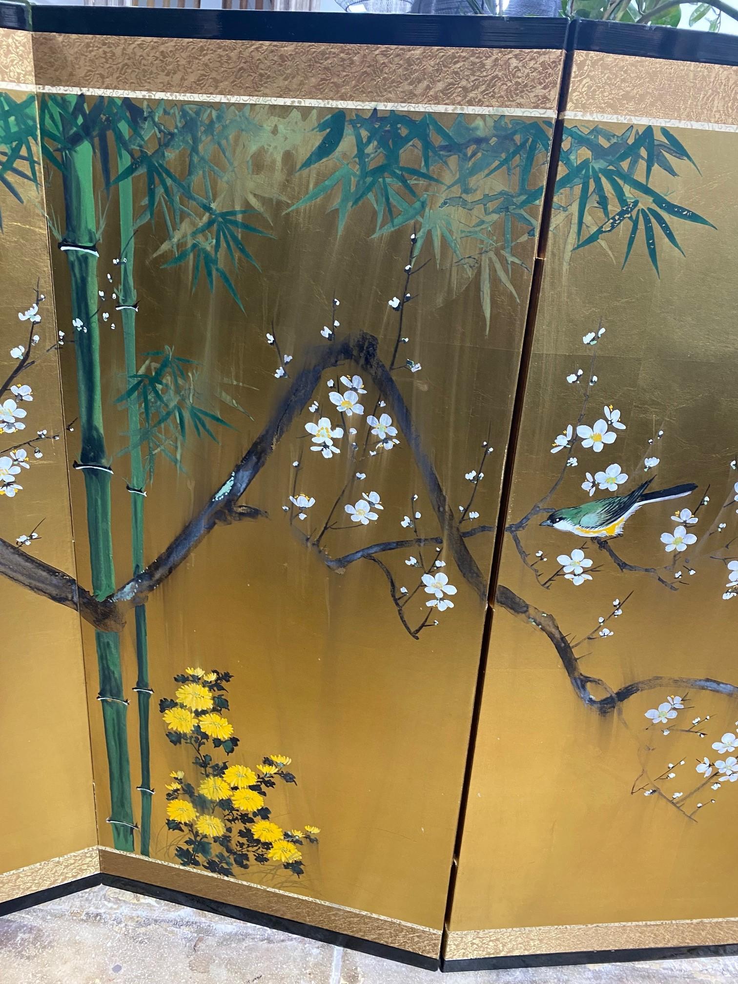 20th Century Japanese Asian Signed Four-Panel Folding Byobu Showa Screen Playful Yellow Bird