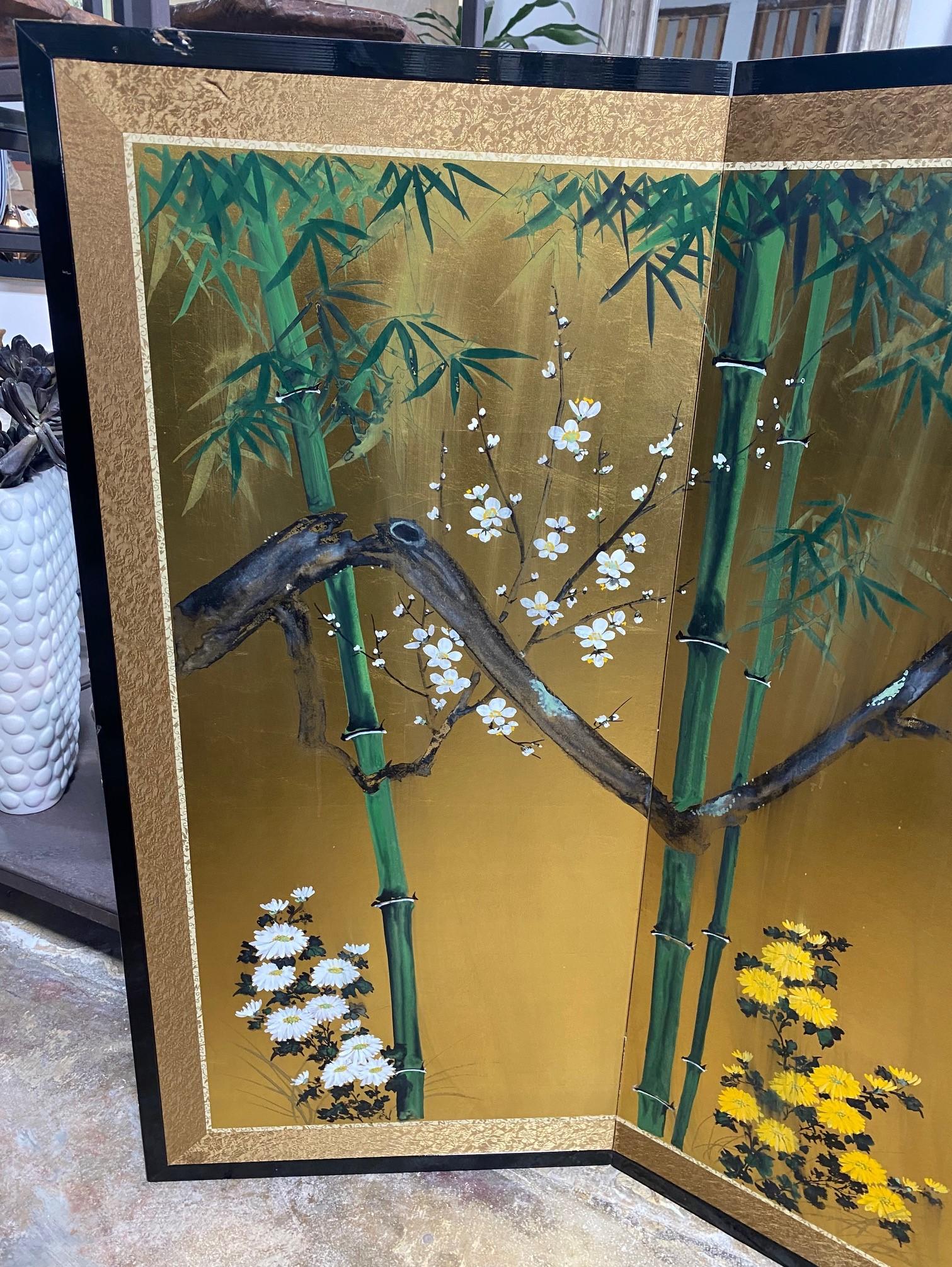 Gold Leaf Japanese Asian Signed Four-Panel Folding Byobu Showa Screen Playful Yellow Bird