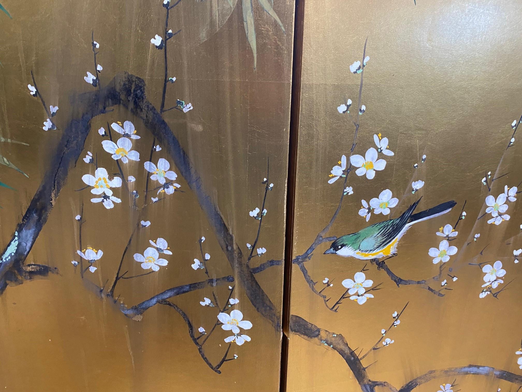 Japanese Asian Signed Four-Panel Folding Byobu Showa Screen Playful Yellow Bird 2