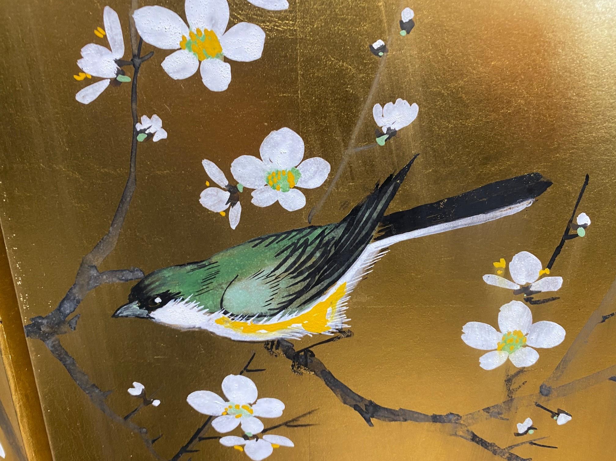 Japanese Asian Signed Four-Panel Folding Byobu Showa Screen Playful Yellow Bird 3