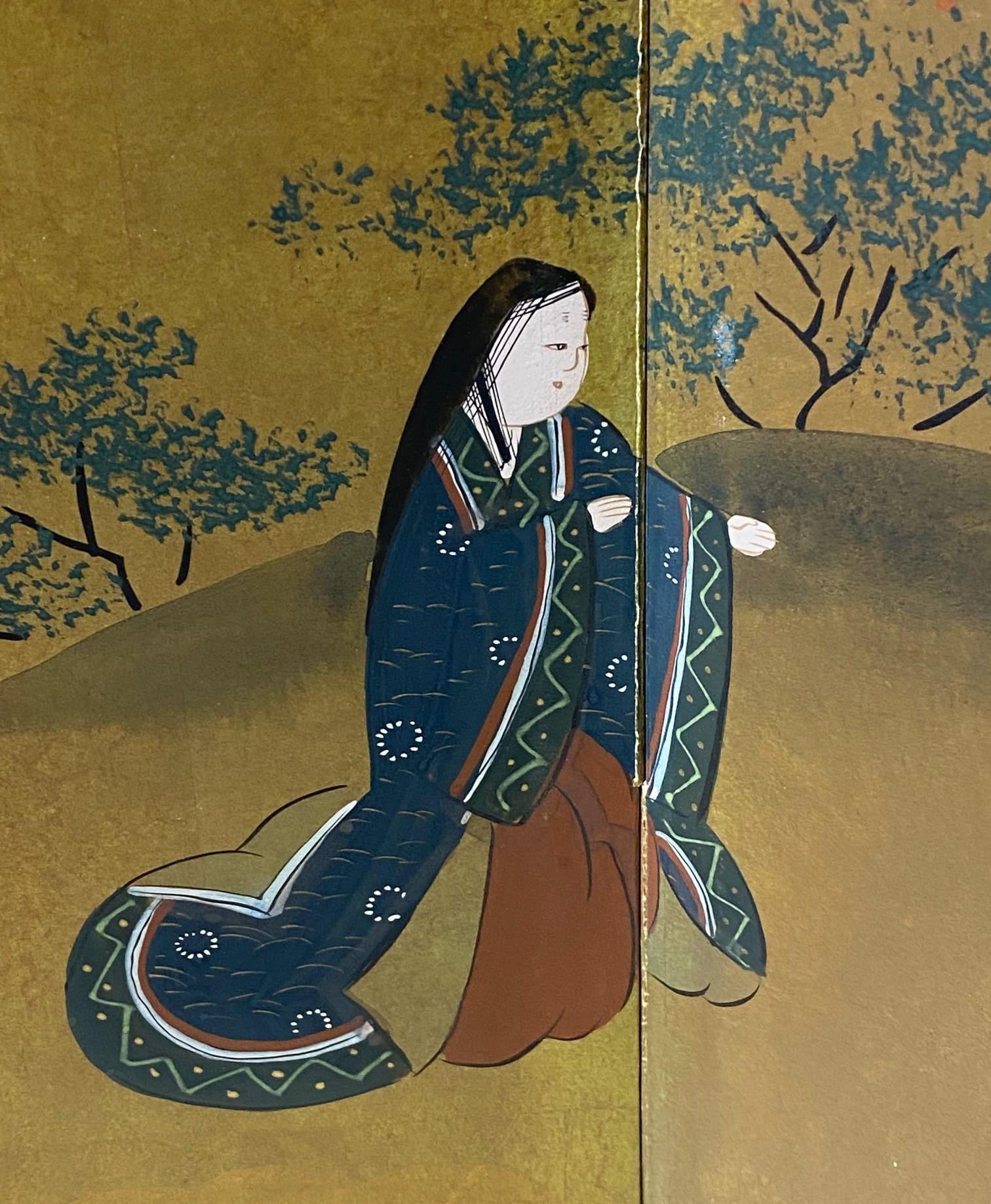 Biombo japonés asiático firmado Byobu Showa de cuatro paneles plegables Cuentos del Genji en venta 3