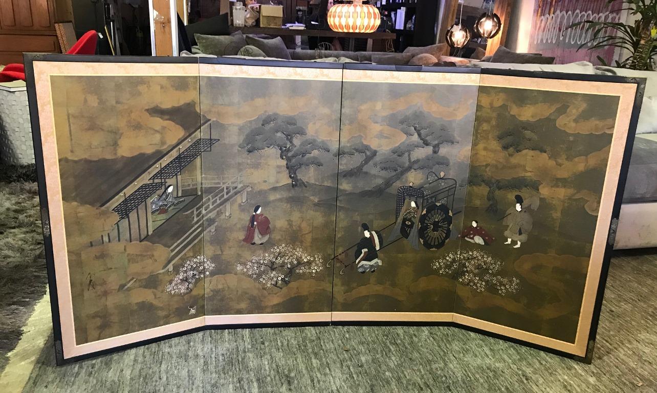 Japanese Asian Signed Four-Panel Folding Byobu Showa Screen Tales of the Genji 5