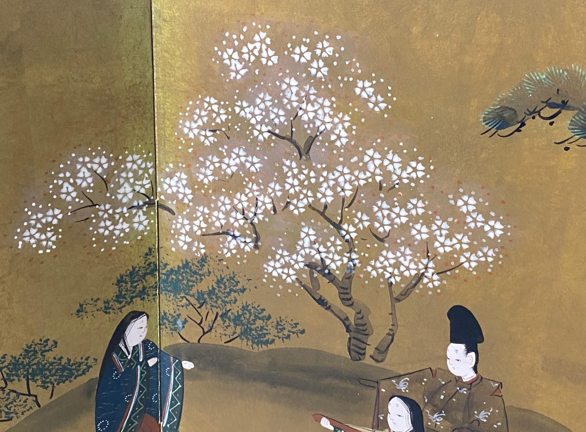 Biombo japonés asiático firmado Byobu Showa de cuatro paneles plegables Cuentos del Genji en venta 4