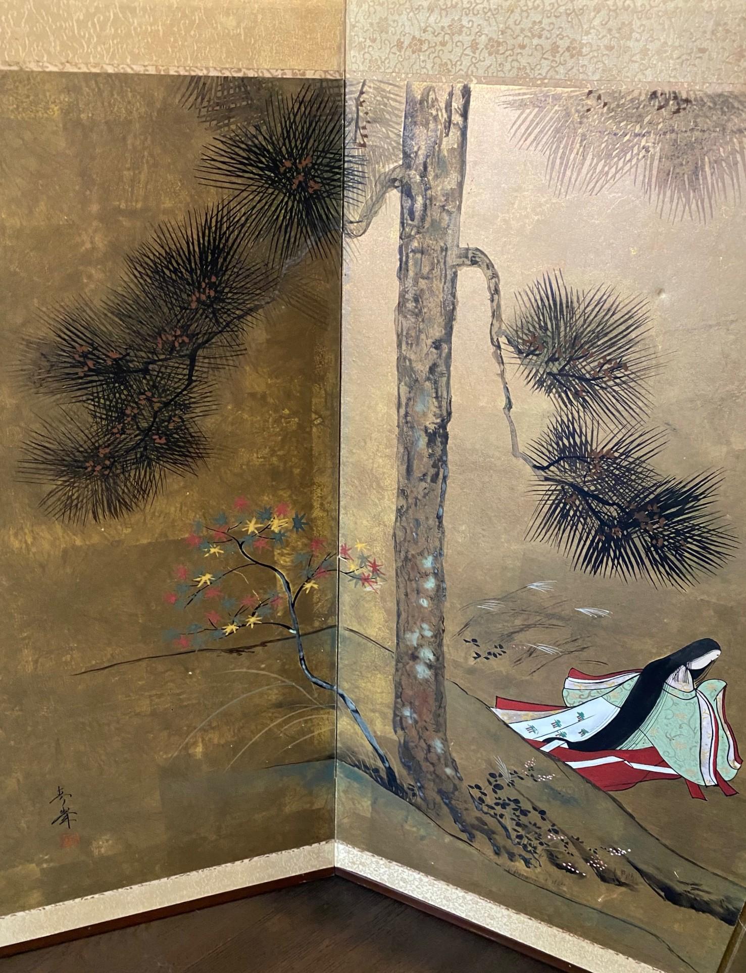 Japanese Asian Signed Four-Panel Folding Byobu Showa Screen Tales of the Genji in vendita 4