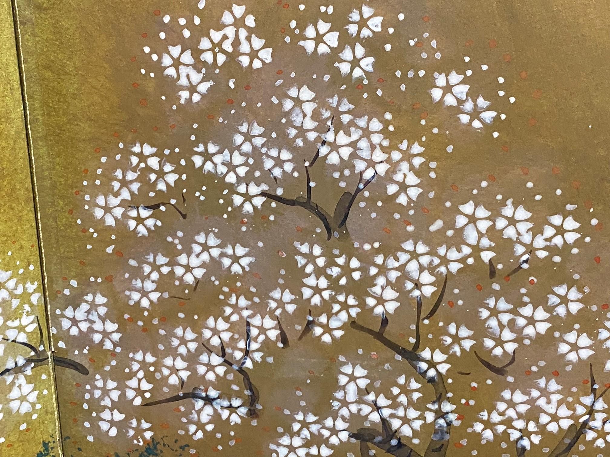 Biombo japonés asiático firmado Byobu Showa de cuatro paneles plegables Cuentos del Genji en venta 5