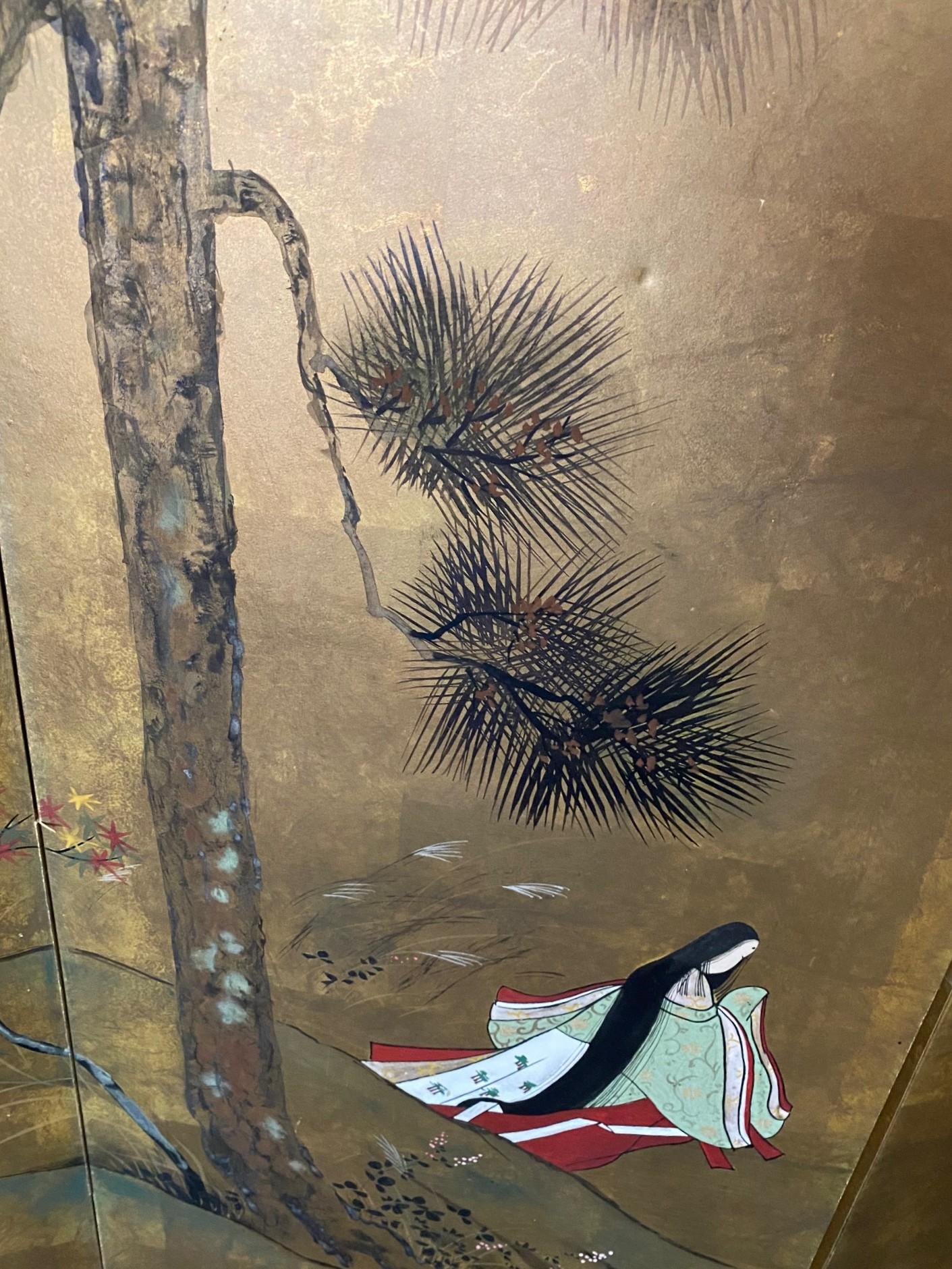 Japanese Asian Signed Four-Panel Folding Byobu Showa Screen Tales of the Genji in vendita 5