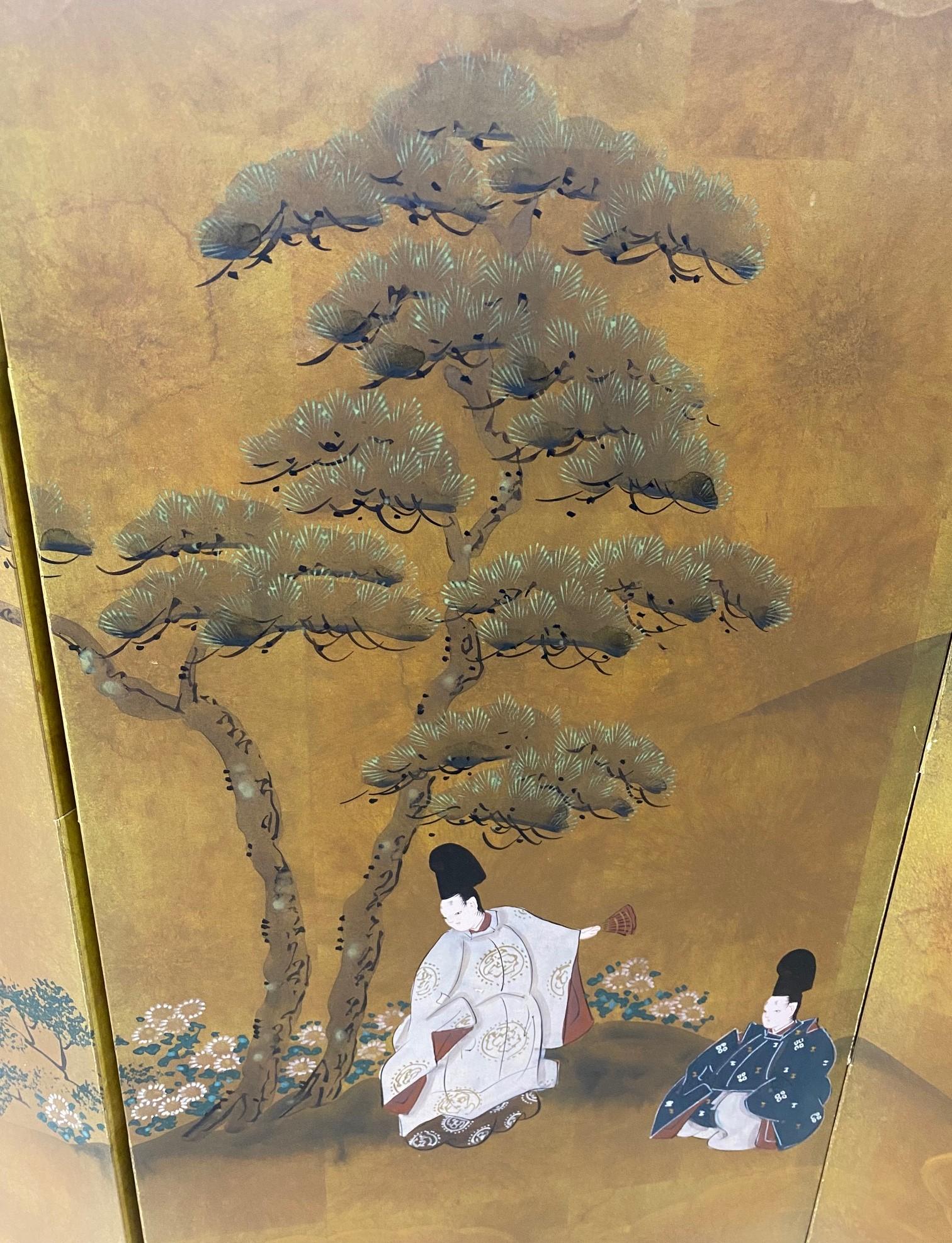 Biombo japonés asiático firmado Byobu Showa de cuatro paneles plegables Cuentos del Genji en venta 6