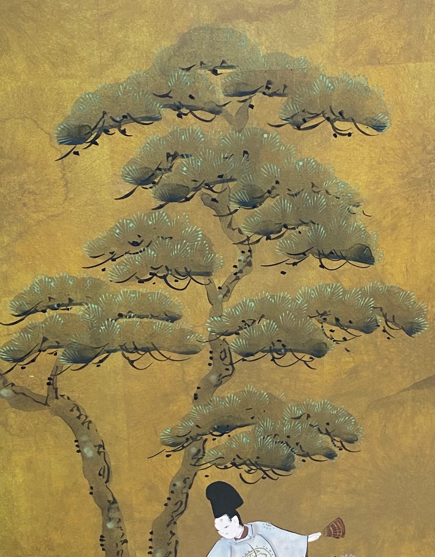 Biombo japonés asiático firmado Byobu Showa de cuatro paneles plegables Cuentos del Genji en venta 7