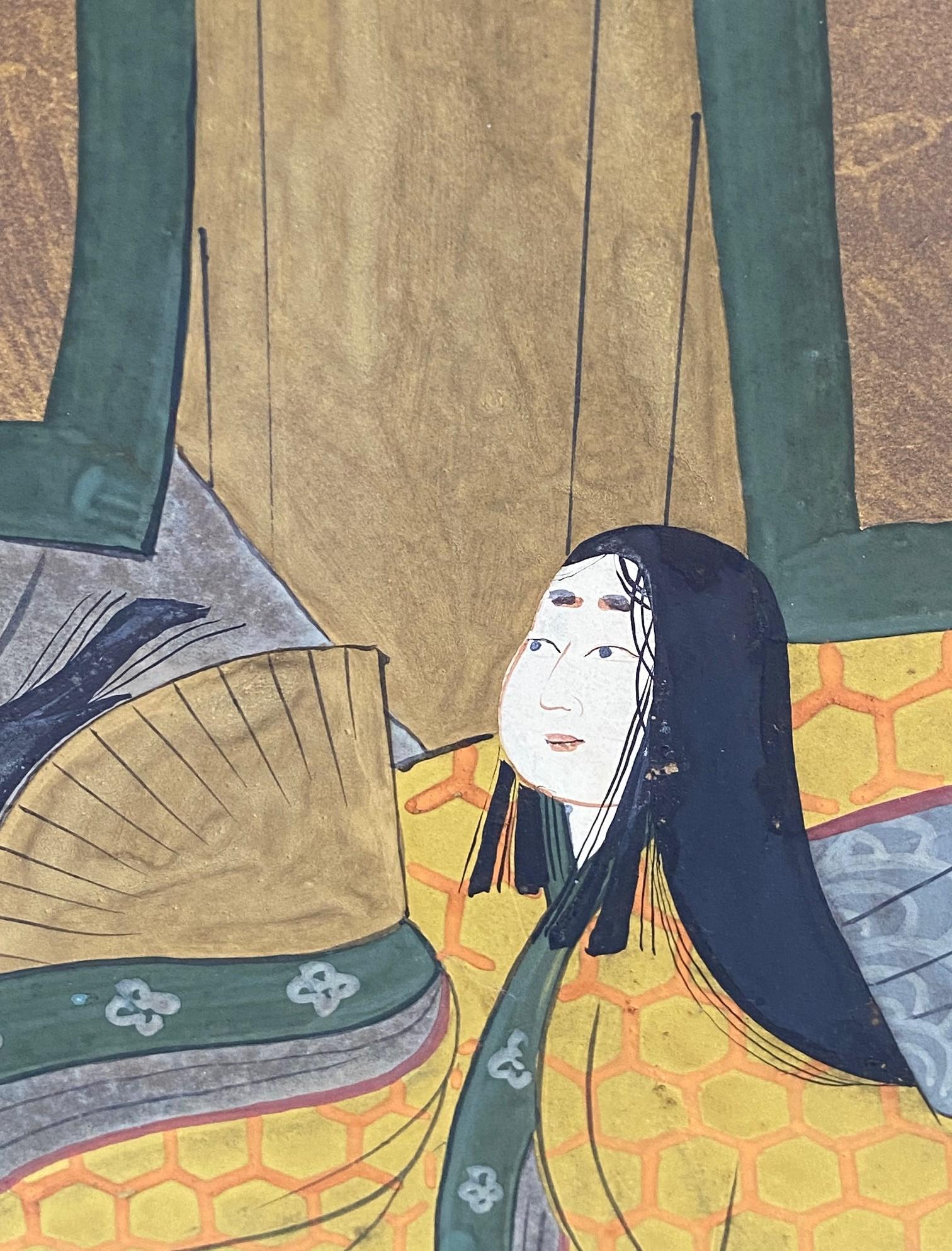 Japanese Asian Signed Four-Panel Folding Byobu Showa Screen Tales of the Genji For Sale 8
