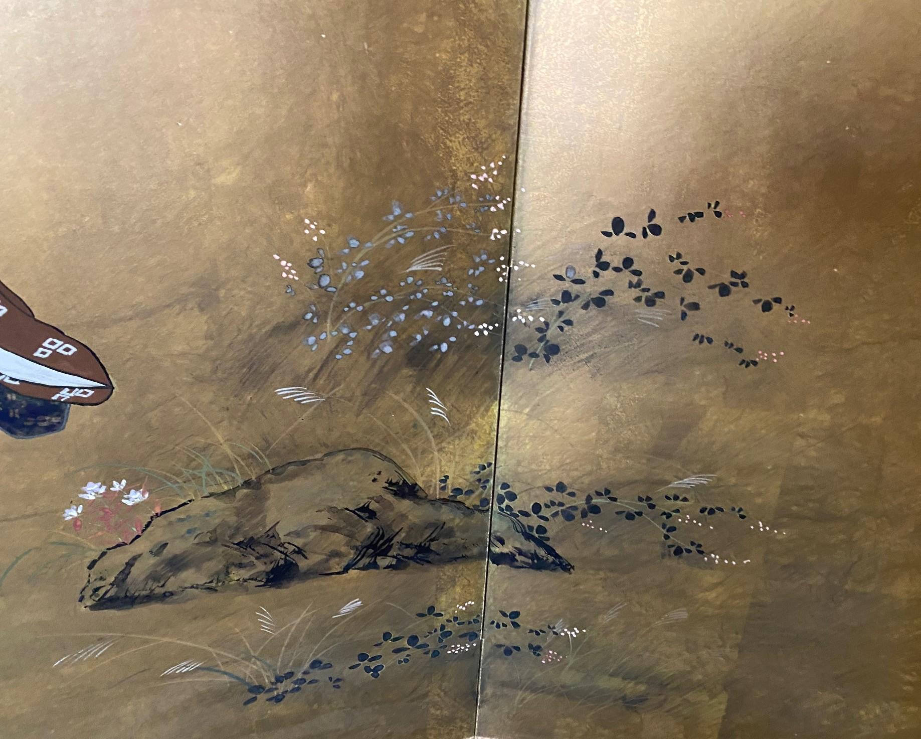 Japanese Asian Signed Four-Panel Folding Byobu Showa Screen Tales of the Genji in vendita 7