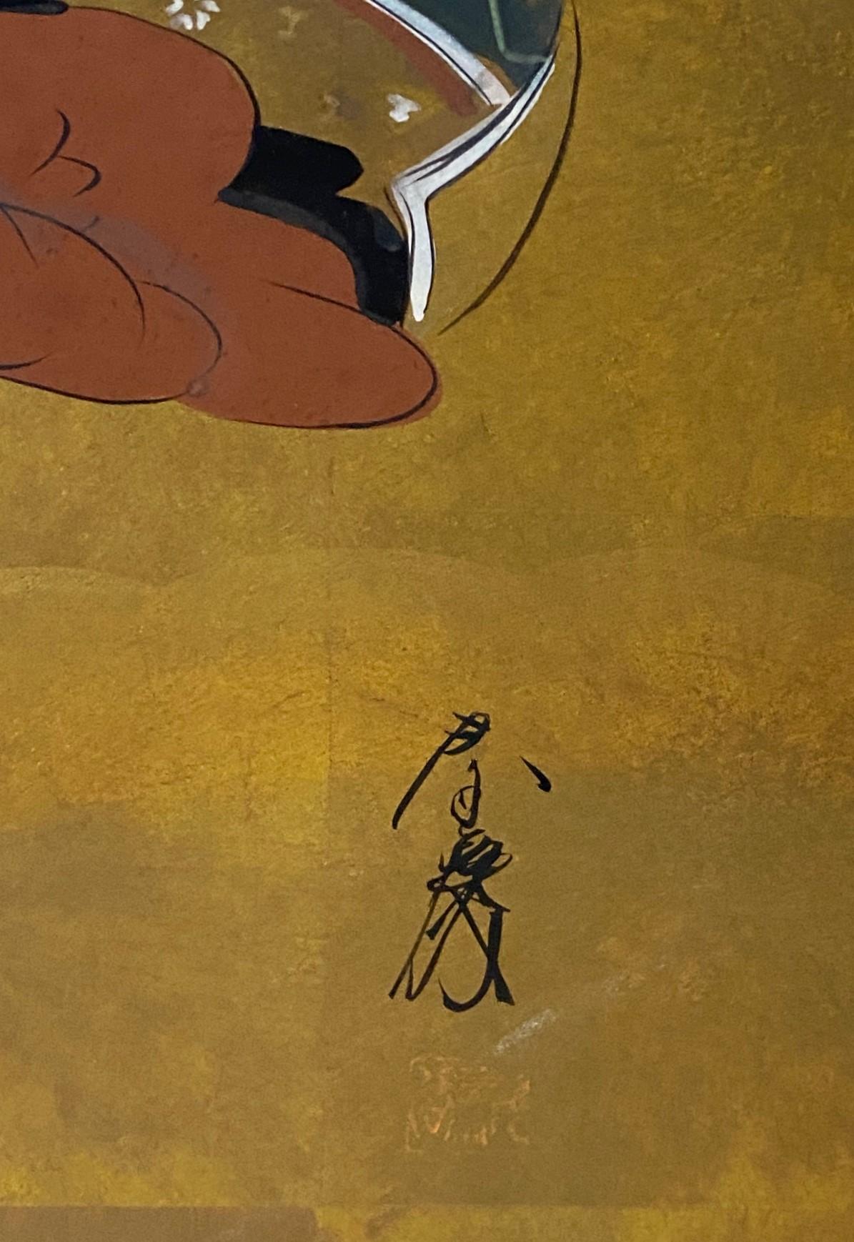 Biombo japonés asiático firmado Byobu Showa de cuatro paneles plegables Cuentos del Genji en venta 8