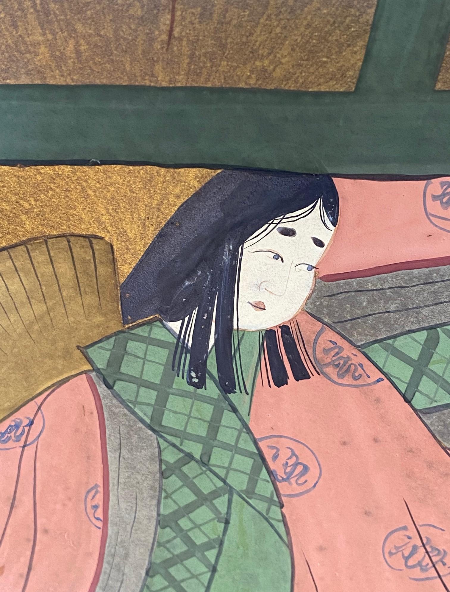 Japanese Asian Signed Four-Panel Folding Byobu Showa Screen Tales of the Genji For Sale 9